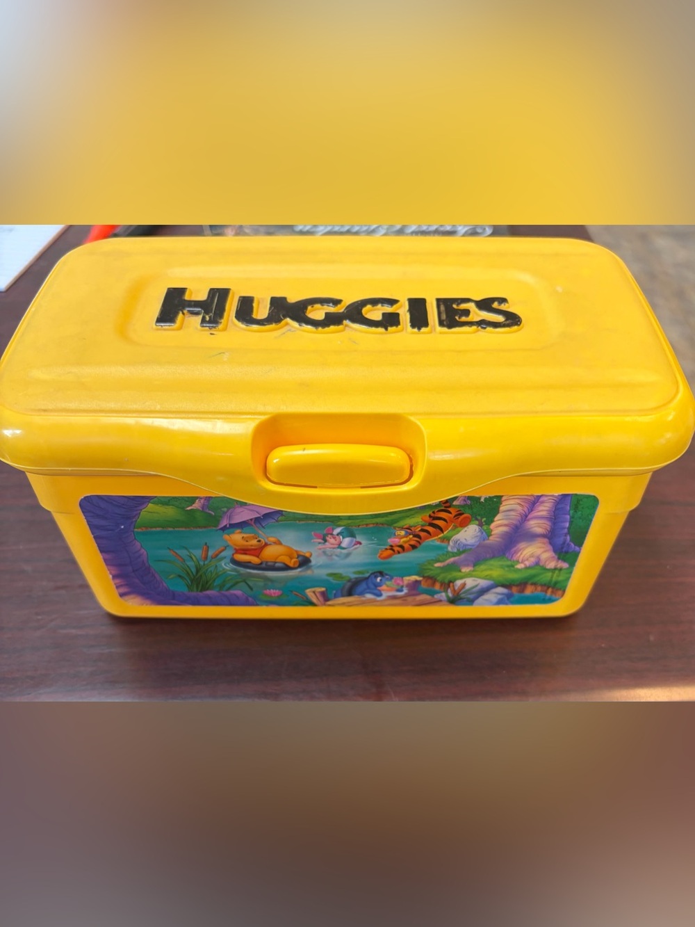 VTG Yellow HUGGIES empty baby wipes container with Pooh, Tigger and piglet